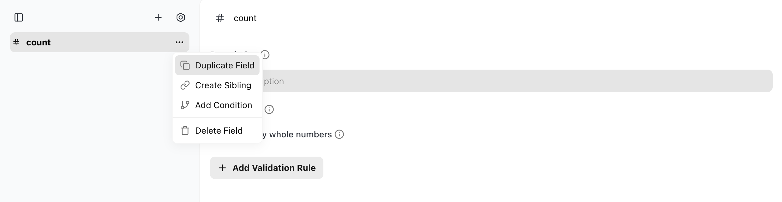 Duplicate Field highlighted in a field's actions menu