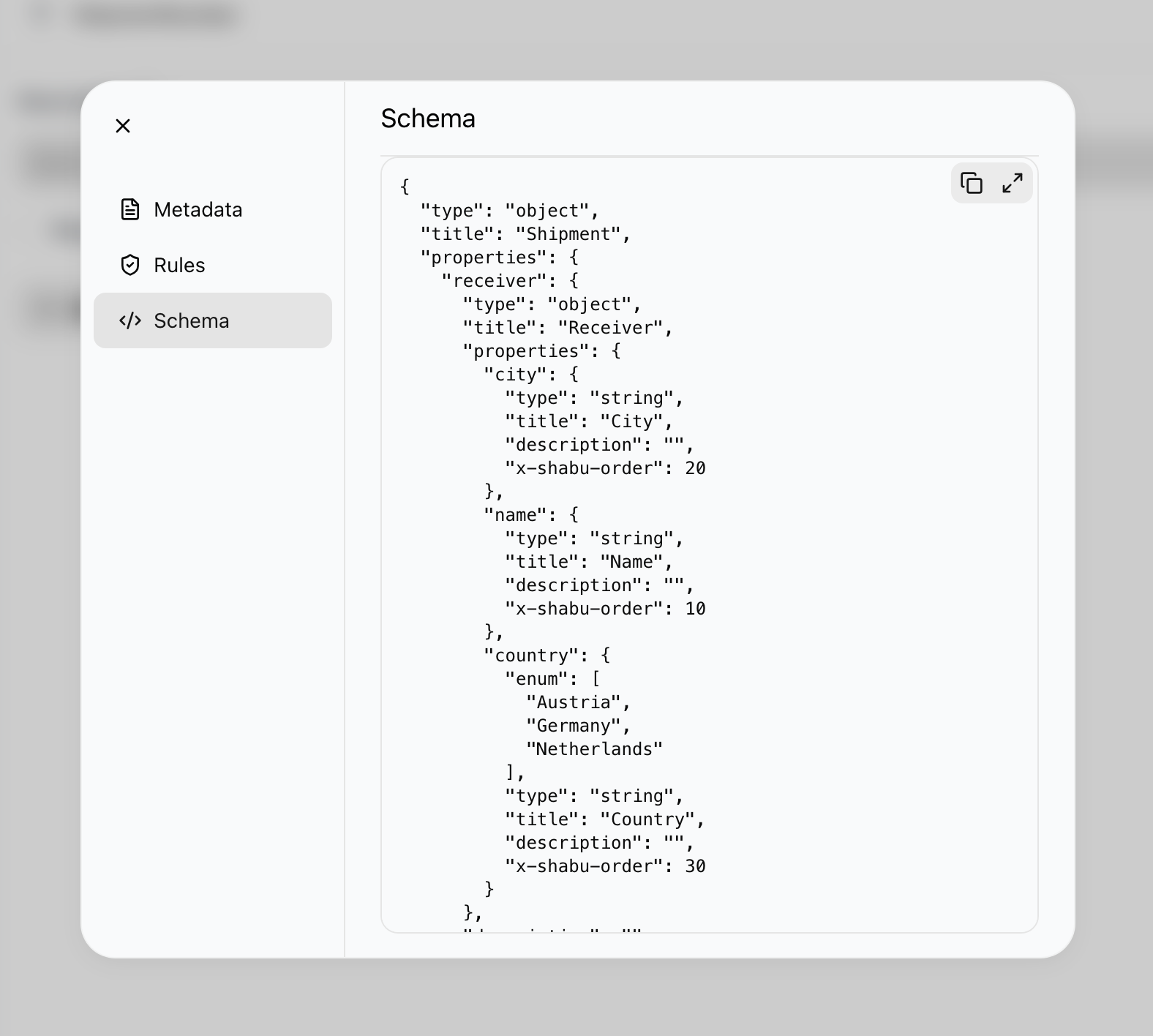 The Schema tab in the schema settings showing the JSON Schema