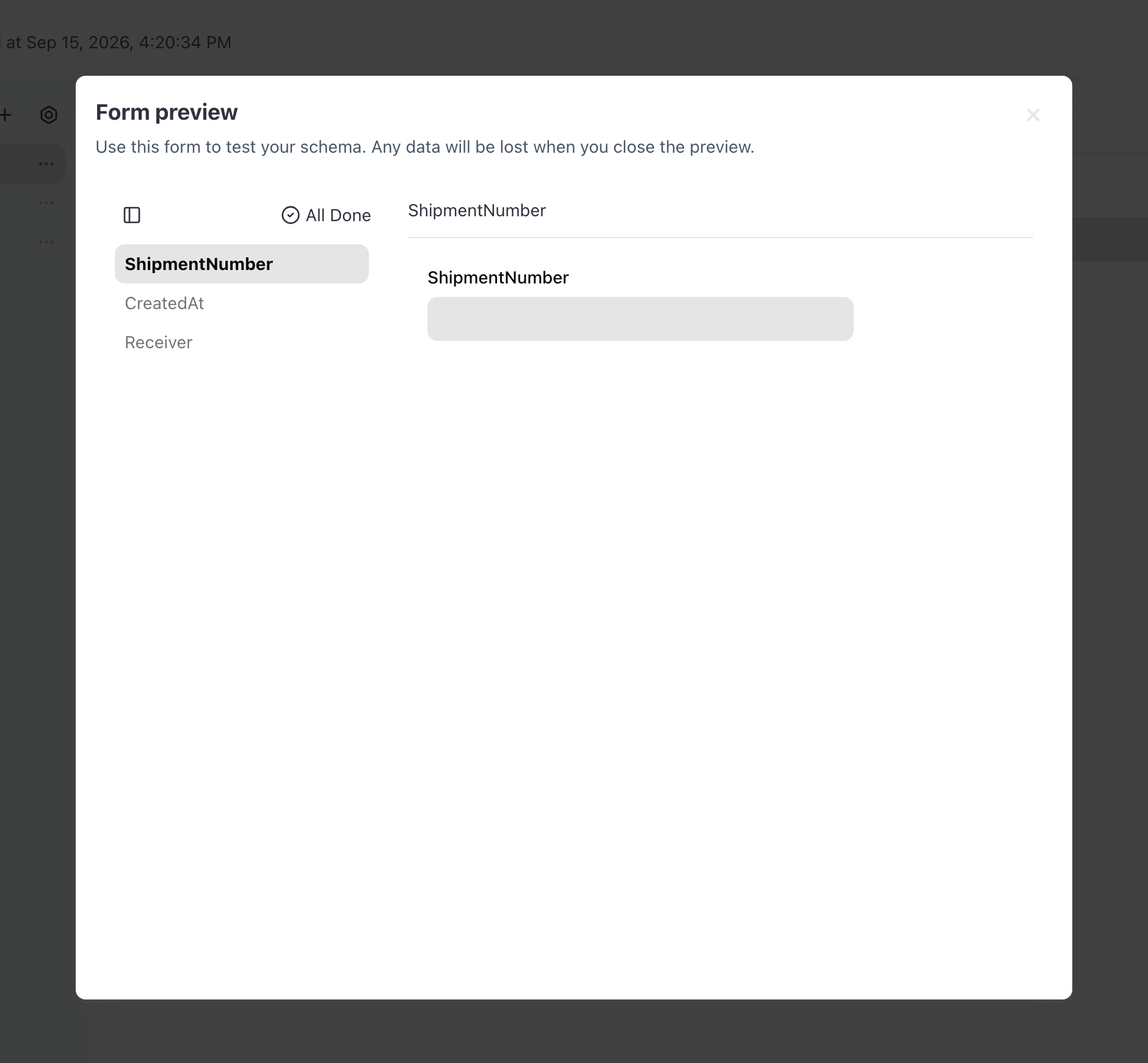 Form preview dialog for the Shipment schema