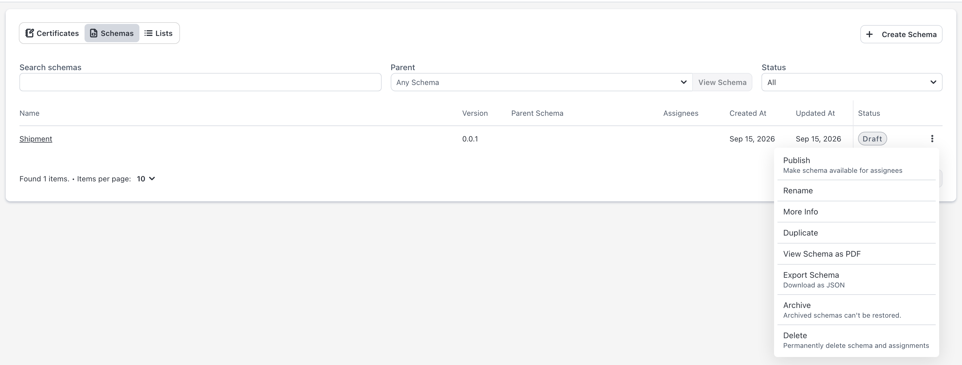 Actions menu of a schema in the Schemas list